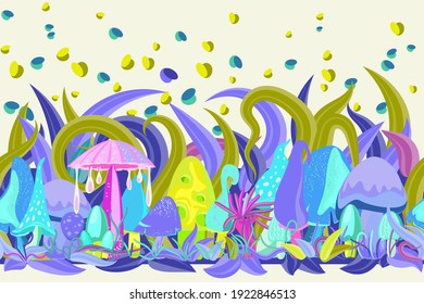 Seamless border with fantastic fairy mushrooms in the grass. Horizontal decorative hand-drawn pattern in cartoon flat style. Vector illustration for fabrics or border wallpaper.