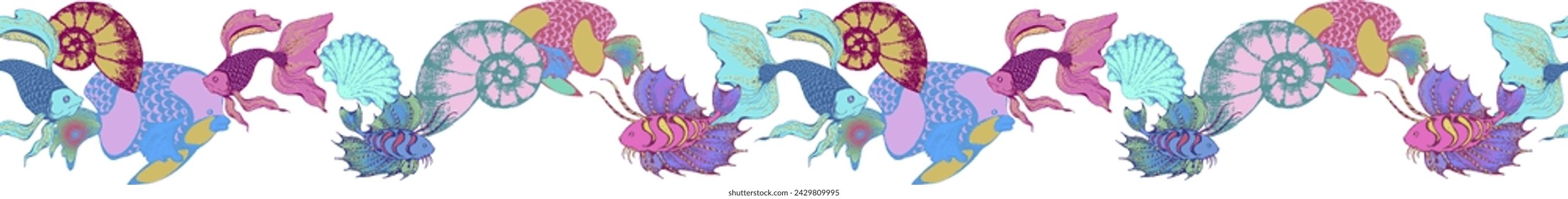 Seamless border of fantastic fishes and sea voyages. Vector illustration. Suitable for fabric, wrapping paper and the like