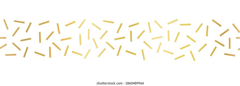 Seamless border with faux gold foil sprinkles. Repeating horizontal decorative banner pattern metallic golden shiny rectangle shapes. Vector elements for footer, frame, trim, party decor, elegant card