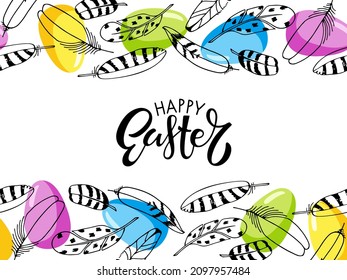 Seamless Border with Feathers and bright painted eggs and handwritten Happy Easter calligrapty lettering. Black and white feathers and colored eggs. Vector repeated background for easter holiday