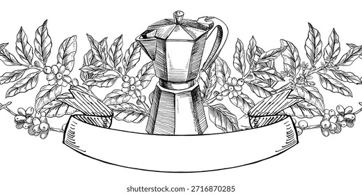 A seamless border featuring a geyser coffee maker, a sign, and coffee branches. Vector illustration for cafe and restaurant interiors, menus, packaging, and product branding.