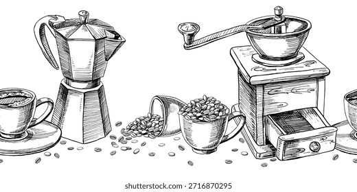 A seamless border featuring a retro coffee grinder, geyser coffee maker, and coffee beans. Vector illustration for cafe and restaurant interiors, menus, packaging, and product branding.