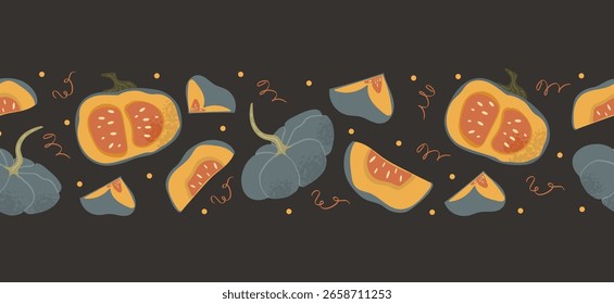  A seamless border featuring whole and sliced blue pumpkins with orange interiors, accented with swirling lines and dots. Perfect for adding a seasonal touch to designs.