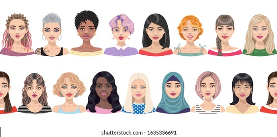 Seamless border with female faces.  Girlfriends group, union of feminists, sisterhood. Cartoon girls with different hairstyles and makeup. Endless banner for feminism theme, Women's Day decoration.