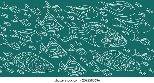 Seamless border with fish. Hand drawn Monochrome Vector pattern