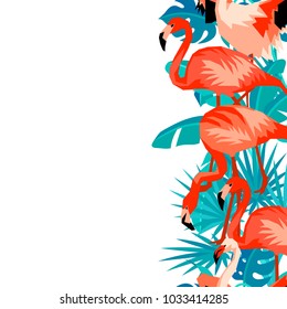 Seamless border with flamingo. Tropical bright abstract birds and palm leaves.