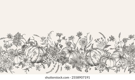 Seamless border. Floral arrangement.  Vector botanical illustration. Dahlia, brown honeysuckle, zinnia, pumpkin, apple, spikelet, berry. Vector botanical illustration. Black and white.