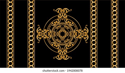 Seamless  border with floral baroque element, chains on a black background. EPS10 Illustration.
