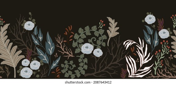 Seamless border with floral elements. Decorative wallpaper in vintage gothic style. Vector illustration