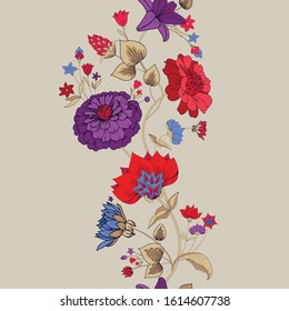 Seamless border. Floral original pattern in vintage style. Traditional floral pattern for fabric, wallpapers and backgrounds. Ornamental garden Flowers and leaves.