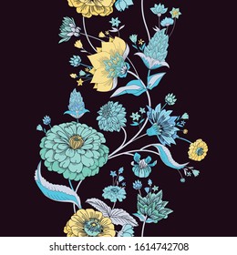 Seamless border. Floral original pattern in vintage style. Traditional floral pattern for fabric, wallpapers and backgrounds. Ornamental garden Flowers and leaves.
