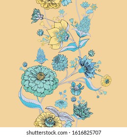 Seamless border. Floral original pattern in vintage style. Traditional floral pattern for fabric, wallpapers and backgrounds. Ornamental garden Flowers and leaves.