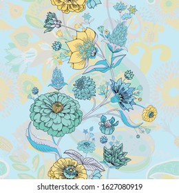 Seamless border. Floral original pattern in vintage style. Traditional floral pattern for fabric, wallpapers and backgrounds. Ornamental garden Flowers and leaves.