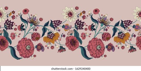 Seamless border. Floral original pattern in vintage style. Traditional floral pattern for fabric, wallpapers and backgrounds. Ornamental garden Flowers and leaves.