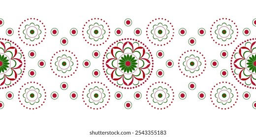 Seamless border with floral round elements. Red, green circular motifs on white background. Flowers delicate mandala vector illustration. Traditional geometry folk bright ornament for holiday decor.