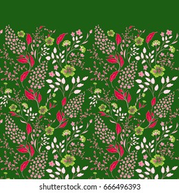 Seamless border of flowering branches. Cute little flowers wide edging. Vector illustration. Pink on green.
