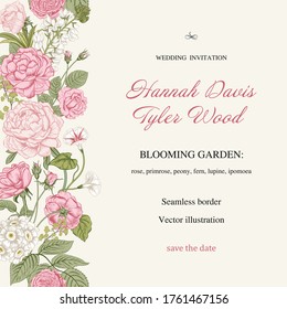 Seamless border with flowers. Blooming  garden. Vector illustration.