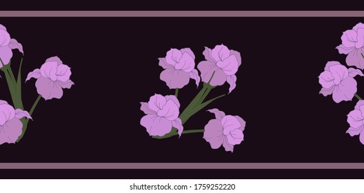 Seamless border with flowers and buds of iris flowers in light purple on a dark maroon background.