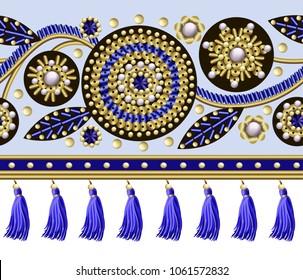 Seamless border with flowers embroidered sequins, beads and pearls and fringes for textile design.Vector fashion illustrations.