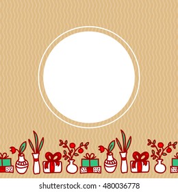 Seamless border with flowers, gift box, vase with holly. Christmas or New Year greeting card template with white circle. Merry Christmas and Happy New Year