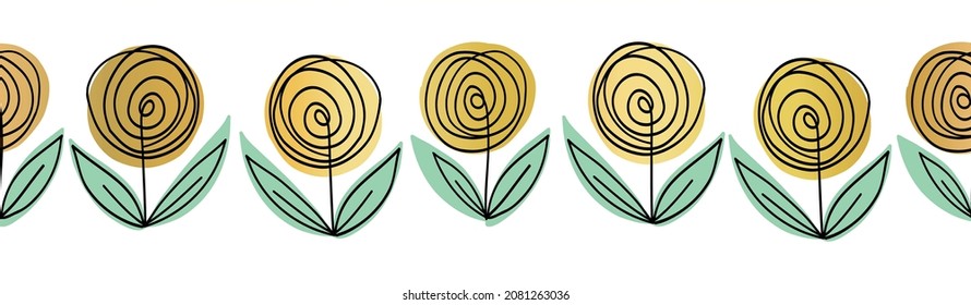 Seamless border flowers gold foil effect. Modern horizontal doodle line art pattern decorative metallic golden florals. Vector sketch illustration isolated on white background. Elegant border, footer.