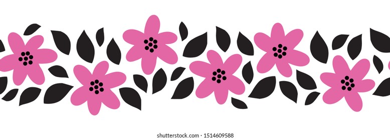 Seamless border flowers and leaves flat cartoon style vector. Pink and black florals and leaf elements. Simple Scandinavian hand drawn design for banner, card decor, ribbon, celebration, party invite