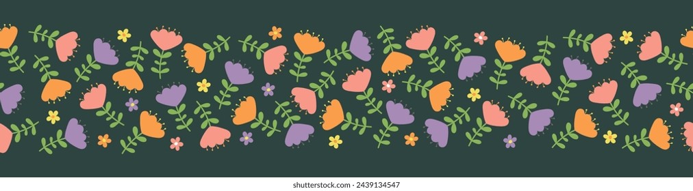 Seamless border with flowers on dark green background. Template for cards, posters, postcards, prints, fabric. Vector illustration