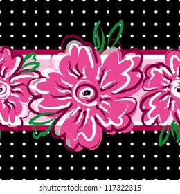 Seamless border with flowers. Polka dot background.