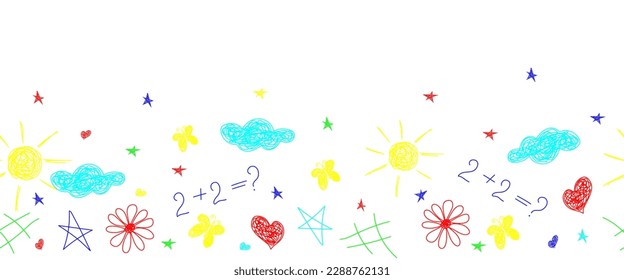  Seamless border with flowers, sun, clouds,butterfly,stars,hearts,on white background. Design for fabric, wallpaper and a print on a different product.