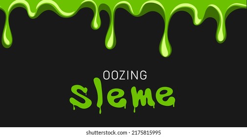 Seamless border of fluid mucus drops and blobs. Liquid green slime border with dripping poison goo. Happy halloween design elements. Hand drawn Vector illustration