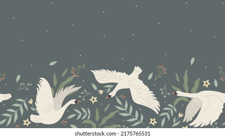 Seamless border with flying swans. Vector graphics.
