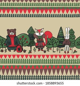  Seamless border - forest animals. Hand drawn. Vector illustration.