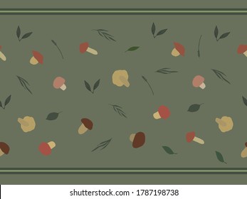 Seamless border with forest mushrooms of different colors and branches, leaves, grass on a gray background.