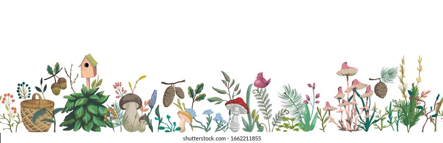 Seamless border with  forest plants, berries, flowers, mushrooms, plant, berry, cones. Decorative elements of forest flora in watercolor style. Vector illustration
