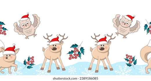 Seamless border with foxes, owls and deer on snow with snowflakes and mistletoe. Cartoon vector illustration.