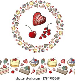 
Seamless border and frame with cakes for your design. Cake illustration. 