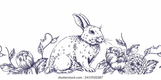 seamless border, frame with Easter bunny and flowers, hand drawn pattern in vintage style. sketch