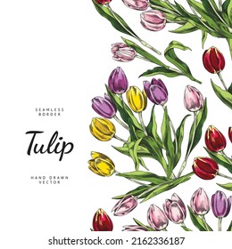 Seamless border or frame edging design with bouquets of tulips in hand drawn style, sketch vector illustration isolated on white background. Repeatable floral decor.