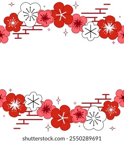 Seamless border frame made with pink and red flowers on white transparent background. Vector graphic Plum blossom is a symbol for spring. Floral decoration for Chinese New Year.
