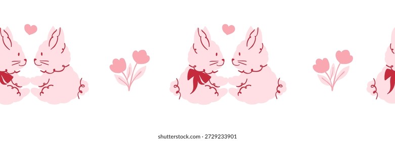 Marco de borde sin fisuras con conejos enamorados de la decoración del Día de San Valentín. Borde decorativo en tonos rosados suaves. Vector dibujado a mano ilustración para tarjetas, invitaciones, cabeceras, Washi tape, scrapbooking
