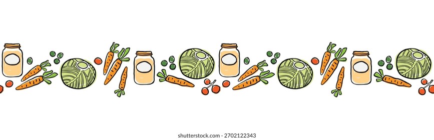 Seamless border frame of vegetables and mason jars.