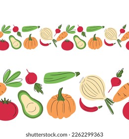 Seamless border with fresh vegetables pumpkin, carrot, avocado, beet, onion, courgette, radish, tomato on white background. Hand drawn vector flat cartoon illustration, cooking, salad, frame