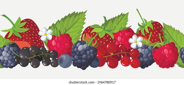Seamless border of fruits and berries. Blueberries, currants, cherries, strawberries, blackberries, raspberries. Vector illustration
