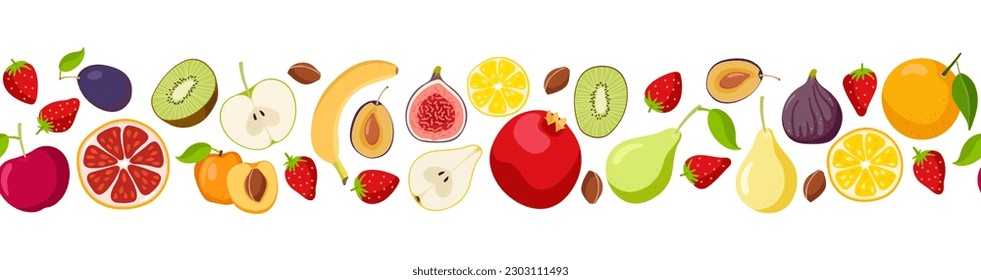Seamless border with Fruits and berries. Fresh Natural organic food for menu, farm product design, market, vegetarian shop, greeting card and invitation, summer parties. Ingredients for cooking