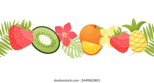 Seamless border with Fruits. Fresh Natural organic food for menu, market, vegetarian shop, invitation, summer parties. vector