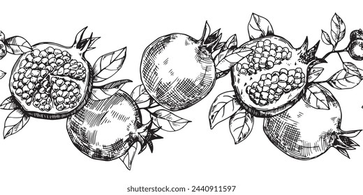 seamless border of fruits and pomegranate leaves, vector pattern in sketch style.