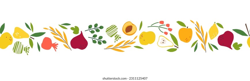 Seamless border with Fruits and vegetables. Fresh Natural organic food for menu, farm product design, market, vegetarian shop, greeting card and invitation, summer parties. Ingredients for cooking