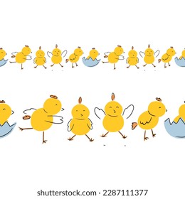Nahtlose Grenze mit lustigen Hühnern in verschiedenen Posen auf weißem Hintergrund. Handgezeichnete Vektorgrafik-Illustration im Cartoon-Flachbild-Stil. Yoga, Fitness, Sportkonzept, Kinder.