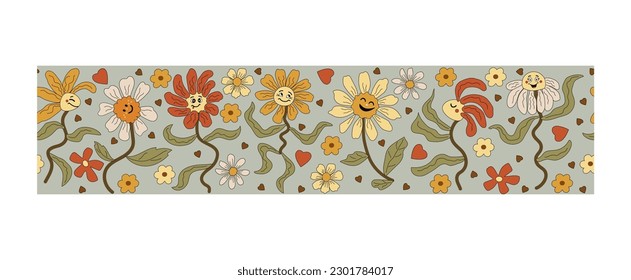 Seamless border with funny dancing daisy flowers. Groovy and retro vibes. Vector illustration.