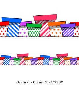 Seamless border of funny multicolor patterned gift boxes, festive background for decorating of Christmas or Birthday greetings, holiday background